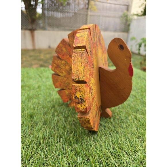 Vtg Wooden Thanksgiving Turkey Primitive Handmade Fall Table Centerpiece 2 Piece - Picture 1 of 10